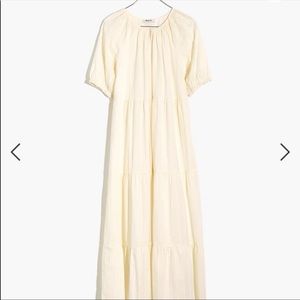 bubble-sleeve tiered midi dress in textural stripe made well